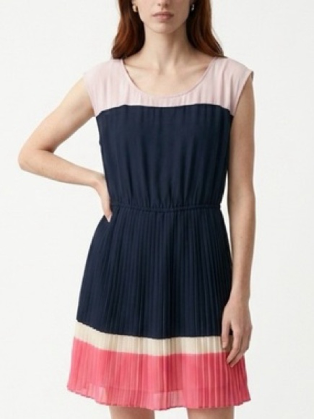 American Eagle Outfitters| Navy Pink & Cream Pleated Colorblock Mini Dress Sz XS